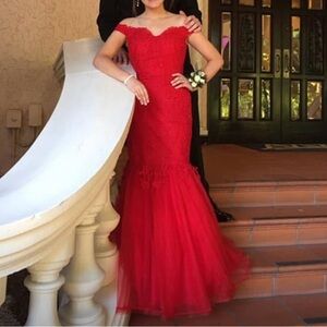Camille La Vie Red Off-Shoulder Prom Gown
